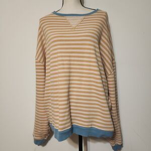 We The Free Striped Classic Crewneck Latte oversized Sweatshirt Cozy campcore L